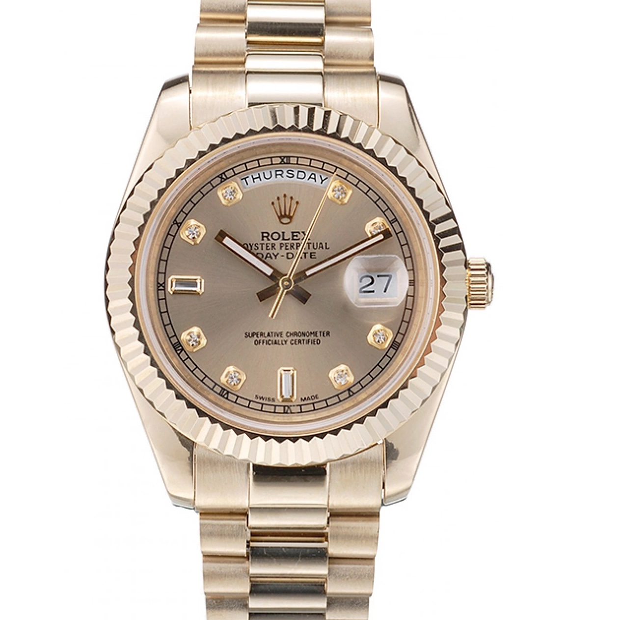 Aaa replica watch 41997 Rolex Gold Ribbed DayDate Swiss Dial Steel Bezel Stainless Gold 0726